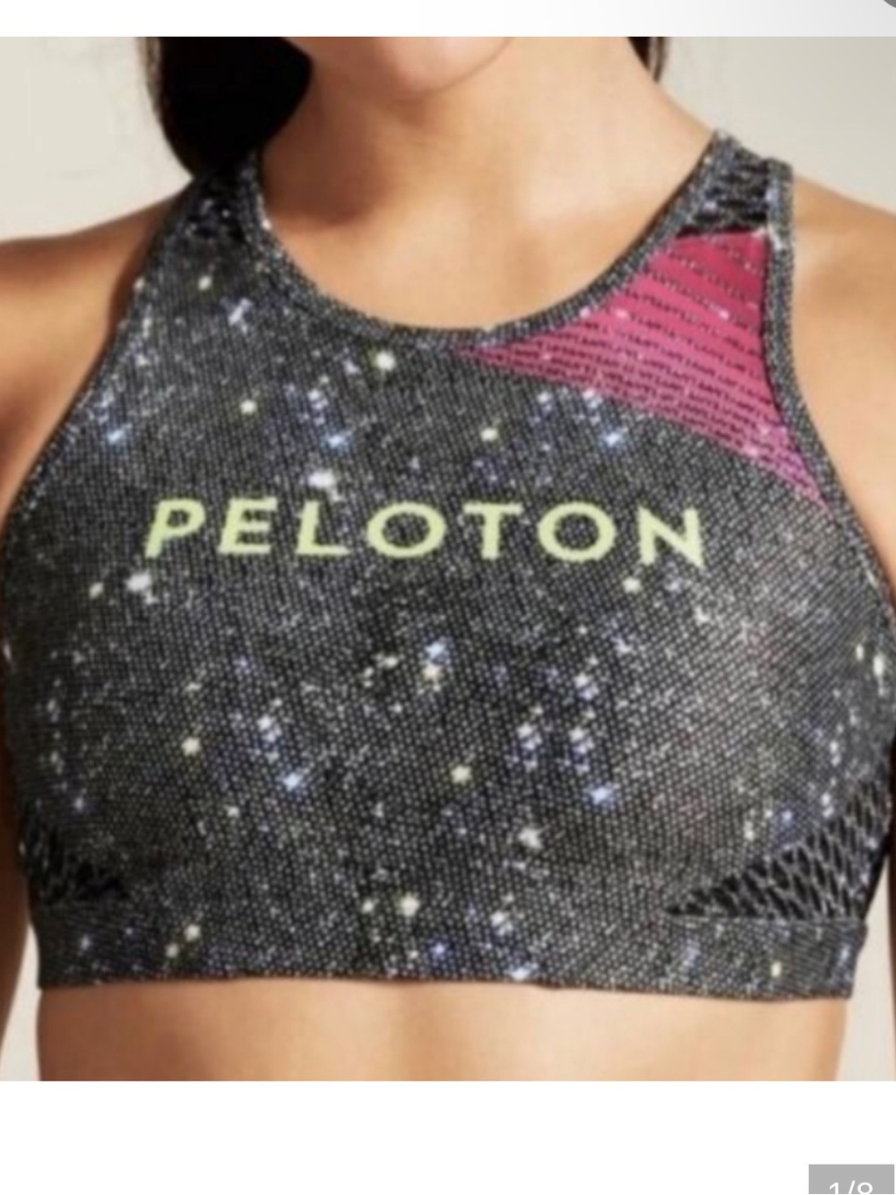 Peloton Black Speckled High-Neck Sports Bra with Pink Accent